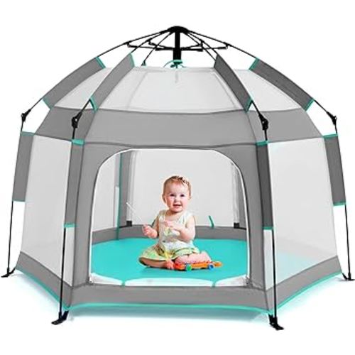 Baby Playpen with Canopy, Portable Baby Beach Tent, Toddler Play Yard Indoor and Outdoor, Foldable Mosquito Net for Infant - Grey