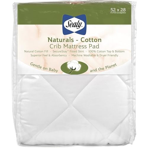Sealy Baby Naturals Cotton Fitted Waterproof Baby Crib Mattress Protector, Crib Mattress Topper, Crib Mattress Pad, Toddler Bed Mattress Protector, Machine Washable/Dryer Friendly, 52” x 28”- White