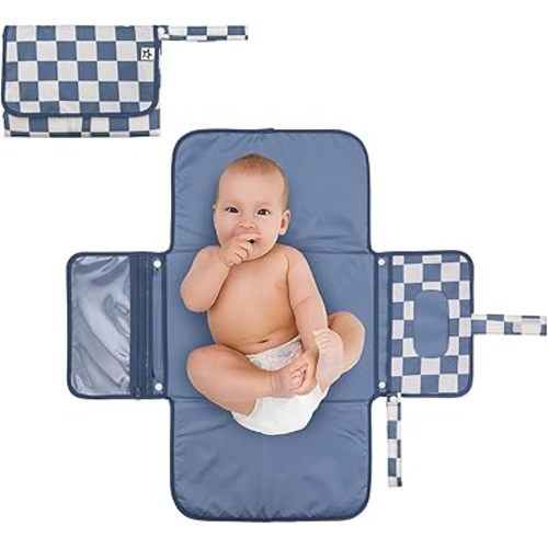 Tiny Twinkle Portable Diaper Changing Pad, Foldable Waterproof Baby Change Pad for Newborn Girl & Boy with Smart Wipes Pocket (Blue Checkers)
