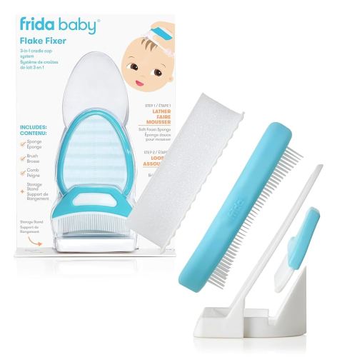 Frida Baby The 3-Step Cradle Cap System Kit & Cradle Cap Treatment, DermaFrida The FlakeFixer, Sponge, Brush, Comb and Storage Stand for Babies with Cradle Cap, White-Blue