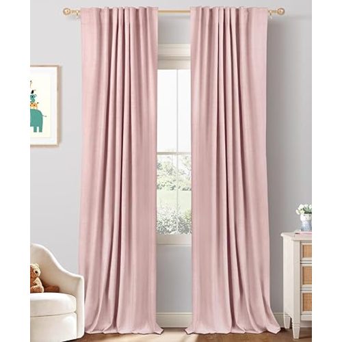 100% Blackout Shield Linen Blackout Curtains for Bedroom 102 Inches Long, Back Tab/Rod Pocket Living Room Drapes, Thermal Insulated Blackout Curtains 2 Panels Set, 50" W x 102" L, Blush Pink