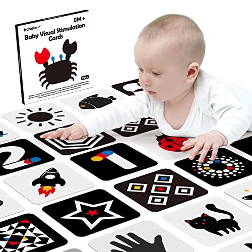 hahaland High Contrast Baby Flashcards - Black and White Infant Cards 0-6 Months Tummy Time 0-3-6 Months Montessori Sensory Cards 20 PCs 6''×6'' Newborn Brain Visual Stimulation Babies Boy Gifts