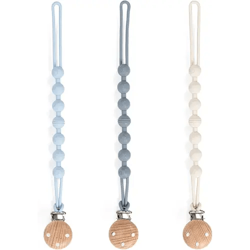 Pacifier Clip, 3 Pack Silicone Pacifier Clips with Wooden Design Pacifier Holder Clip, Soother Clips for Baby Boy & Girl (White+Light Blue+Grayish Blue)