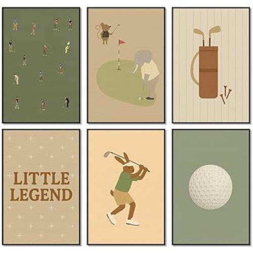 Golf Canvas Wall Art, Baby Boy Nursery Sports Posters, Animal Athletes Elephant Rabbit Pictures, Little Legend Charming Quote Print, Kids Bedroom Golf Course Wall Decor 8x12in Unframed
