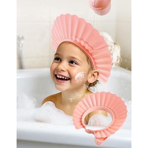 Kids Shower Cap, Baby Hair Washing Shield, Bath Visor for Toddlers, Bathing Head Face Eye Ear Protector, Air Cushioned Shampoo Caps with 20-Size Adjustment for 6Month+ to Adult (Pink)