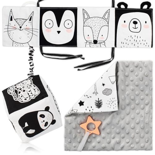 The Ultimate Tummy Time Toys Set of 3 - Soft High Contrast Book, Toy Block, Crinkle Paper and Teether - Stimulating Black and White Sensory Development Toys for Newborns & Infants 0-3 Months