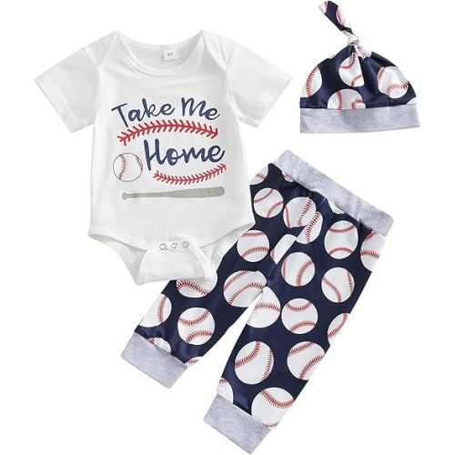 Chloefairy Newborn Baby Boy Baseball Outfit New Player in Town Romper Baseball Jogger Pants 3Pcs Coming Home Outfit