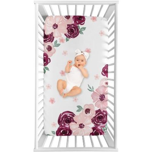 Sweet Jojo Designs Girl Photo Op Fitted Crib Sheet Watercolor Floral Red Pink and Grey