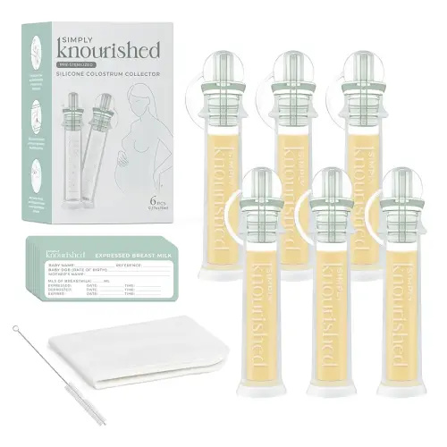 SimplyKnourished Colostrum Collector Kit 5ml/6pcs, Leakproof, Reusable Standing Breast Milk Collector, Heat & Freezer Resistant, BPA-Free, with Cotton Cloth Wipe, Storage Case, Cleaning Brush