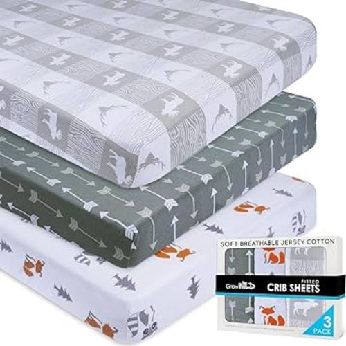 GROW WILD Forest Crib Sheets 3 Pack | Soft Crib Sheets for Boys and Girls | Crib Sheets Neutral Grey | Stretchy Forest Crib Sheet - Nicely Fit Crib Mattress Sheet (Forest Fun)