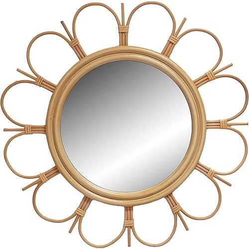 LIVDUCOT 27" Handmade Farmhouse Large Rattan Mirror for Wall Decor, Round Entryway Boho Mirror for Living Room Decor, Large Circle Wooden Mirror for Bathroom Hallway Decor