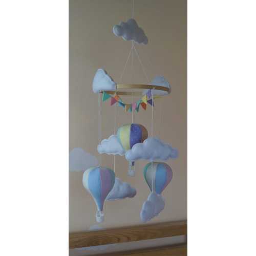 Unisex hot air balloon nursery baby mobile with bunting in pastel rainbow