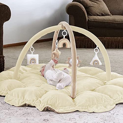 5-in-1 Thick & Plush Baby Play Gym, Baby Play Mats for Floor, Tummy Time Mat with 6 Toys, Cat Bed, Dog Bed, Convertible Stage-Based Developmental from Baby to Toddler, Ball Pit, Pet Cushion, Cream