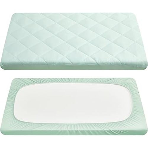 TILLYOU Cloudy Soft Pack N Play Sheets Fitted Quilted, Breathable Thick Play Yard Playpen Sheets, 39"x27" Fits Mini/Portable Crib Mattress, Sage Green