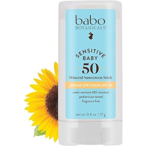 Babo Botanicals Sensitive Baby Mineral Sunscreen Stick SPF 50-70% Organic Ingredients - Zinc Oxide - NSF & Made Safe Certified - EWG Verified - Water Resistant - Fragrance-Free - for Babies & Kids