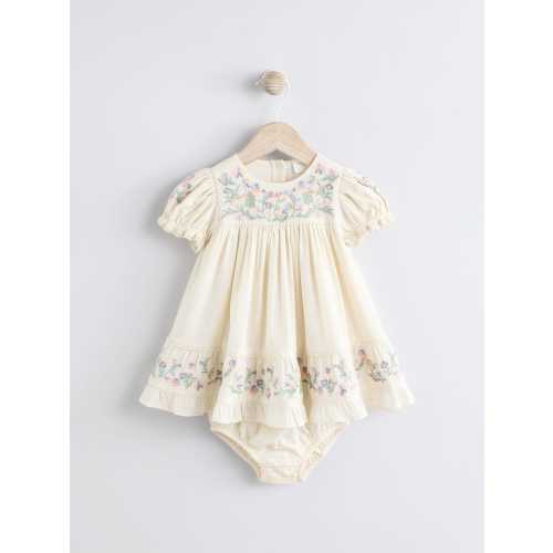 Cream Floral Embroidered Baby 100% Cotton Dress (0mths-2yrs)