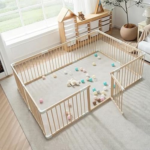 GGF Wooden Playpen & Play Yards for Babies and Toddlers, Foldable Wood Baby Play Fence with Locking Gate, Kids Activity Area Center Indoor Outdoor,86 * 57inch, Light Pine