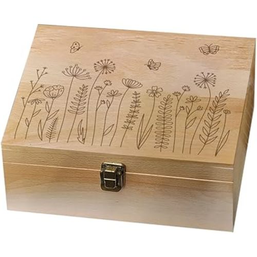 arricraft 1 Pc Wood Memory Keepsake Box, Wildflower Butterfly Bee Memory Box with Hinged Lids Floral Keepsake Chest for Anniversary Birthday Picture Letter Storage 9.6x7.6x4 inch(24.5x19.5x10.3cm)