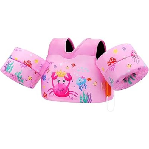 MoKo Toddler Swim Vest for Kids, Swim Arm Floaties 13-70lbs Cartoon Swimming Water Wings Pool Float Vests Sleeves Shoulder Straps Arm Band for Children Learn to Swim