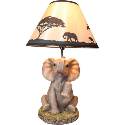 Ebros Gift African Safari Glow Sitting Elephant with Trunk Up Desktop Table Lamp Statue Decor with Shade 19" H Animal Wildlife Elephants Pachyderms Themed Accent Lighting