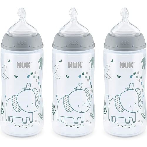 NUK Smooth Flow Anti-Colic Baby Bottle, 10 oz (300 mL), Grey Elephant, 3 Pack