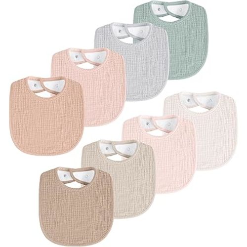8 Pack Muslin Baby Bibs for Boys Girls, Soft Cotton Baby Bibs for Drooling and Teething, Absorbent & Adjustable Drool Bibs for Infant Newborn