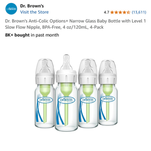 Dr. Brown's Anti-Colic Options+ Narrow Glass Baby Bottle with Level 1 Slow Flow Nipple, BPA-Free, 4 oz/120mL, 4-Pack