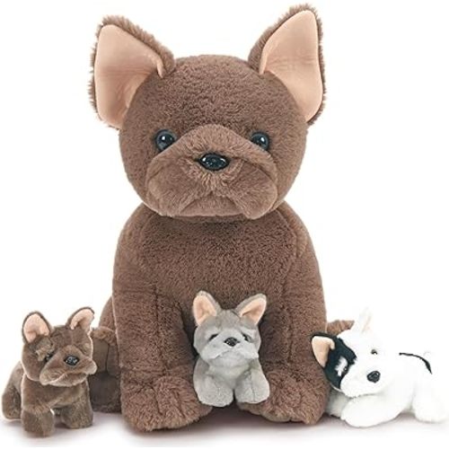 Tezituor French Bulldog Stuffed Animal with 3 Babies,17.7 Inches Mommy Dog Plush Soft Puppy Toys Realistic Fluffy Dog Christmas Birthday Gifts for Boys Girls