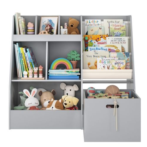 Arceso 4 in 1 Kids Bookshelf and Toy Storage Organizer, 3-Tier Toy Organizers with Removable Toy Bin, Toddler Sling Bookshelf with Storage Cubbies