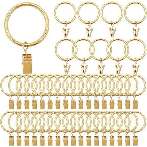44 Pack Metal Curtain Rings with Clips, Drapery Clips with Rings, Curtain Hangers Clips, Drapes Rings 1.5 inch Interior Diameter,Gold