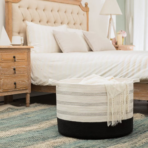 Breakwater Bay Large Cotton Rope Basket, Blanket Basket for Living Room, Baby Laundry Blanket Basket with Handle "& Reviews" | Wayfair