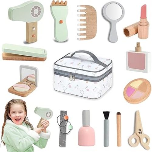Wooden Makeup Toy Set, Pretend Play Wood Beauty Salon Playset for Girls, Wood Makeup Kit with Cute Fake Makeup Set Gift for Toddler 3 4 5 6 7