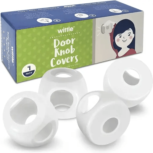 4-Pack Childproof Door Knob Covers - Easy to Install Child Safety Door Knob Cover with No Tools Needed - Reusable, White Baby Proof Door Knob Covers - Door Safety for Kids Made Easy by Wittle