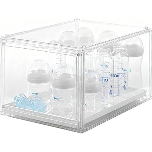 Baby Bottle Organizer, Clear Stackable Acrylic Storage for Countertop Cabinet, Baby Bottle Station Organizer with drawer for Pacifiers, Pump Parts