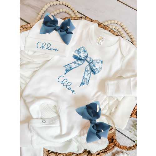 Blue Coquette bow going home outfit baby girl Coquette Personalized Baby Girl Outfit Custom Newborn Set Blue Bow Baby Gift Baby Outfit