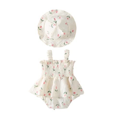 Emmababy Baby Girl Smocked Dress Floral Romper Hat Set Halter Strap Jumpsuit Sleeveless Bubble Romper Newborn Summer Clothes