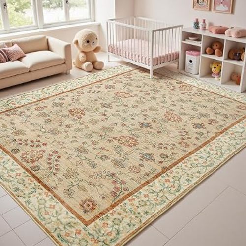 Goideal Beige Rug for Girls Room, 9x12 Floral Washable Area Rug Non Slip, Boho Low Pile Carpet with Rubber Backing for Bedroom Living Room Bathroom Playroom Nursery Office
