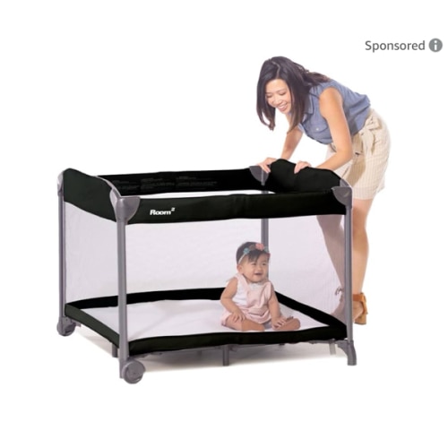 Joovy Room² Large Portable Playpen for Babies and Toddlers with Nearly 10 sq ft of Space, Large Mesh Windows for 360 View, and Waterproof Mattress Sheet - Folds Easily when Not in Use (Black)