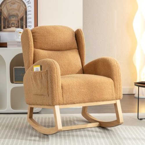 Muumblus Nursery Rocking Chair, Wingback Glider Rocker, Indoor Uphlostered Rocking Chair, Yellow Teddy