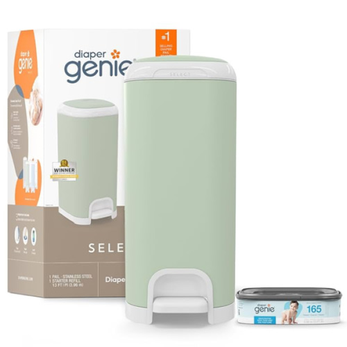 Diaper Genie Select Pail (Green) is Made of Durable Stainless Steel and Includes 1 Starter Square Refill That can Hold up to 165 Newborn-Sized Diapers.