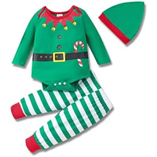 RETSUGO Newborn Baby 1st Christmas Outfit Elf Snowman Christmas Tree Romper 3pcs Set for Baby 0-24months