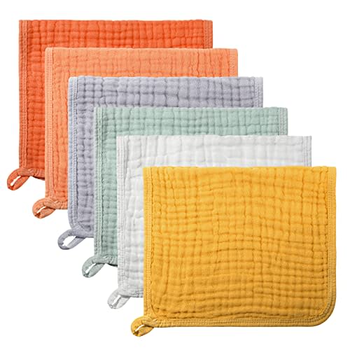 Hicarer 6 Count Muslin Burp Cloths Cotton Baby Burping Rags Large 20 x 10 Inch 6 Layers Spit up Rags Soft Absorbent Multicolor Wash Cloths Diapers for Newborn Baby Girl Boy(Warm Color Series)