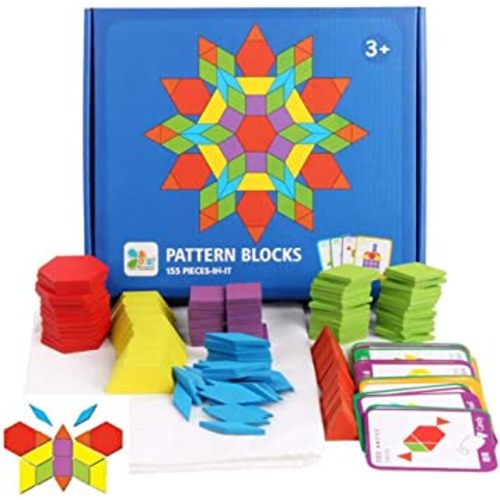 JCREN Wooden Pattern Blocks Montessori Toys Shape Puzzles Kindergarten Classic Educational Tangram Geometric Brain Teaser Toys Best STEM Gift for Kids Ages 4-8 with 24 Pcs Design Cards