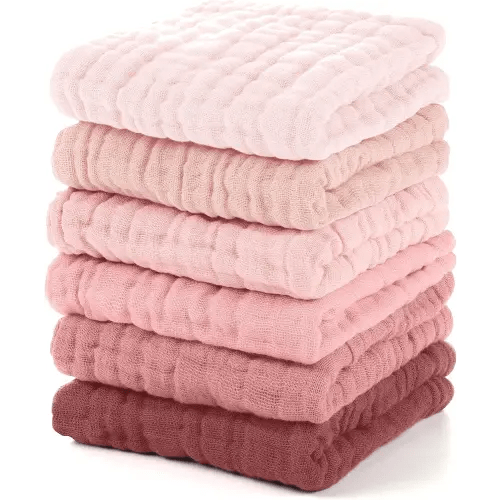Muslin Baby Washcloths 6 Pack, 100% Cotton Wash Cloths for Babies, Large 12''X12'' Burp Cloths Absorbent and Soft for Newborn Infants Kids Boys Girls - Gradient Pink