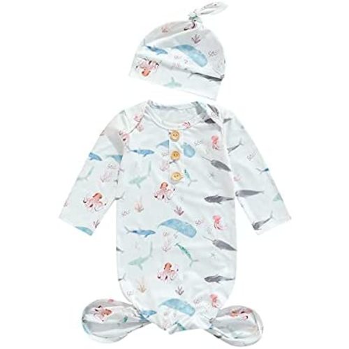 Newborn Baby Boy Girl Knotted Gowns Long Sleeve Printed Sleeping Bag Coming Home Outfit Nightgown Pajamas Hat Set