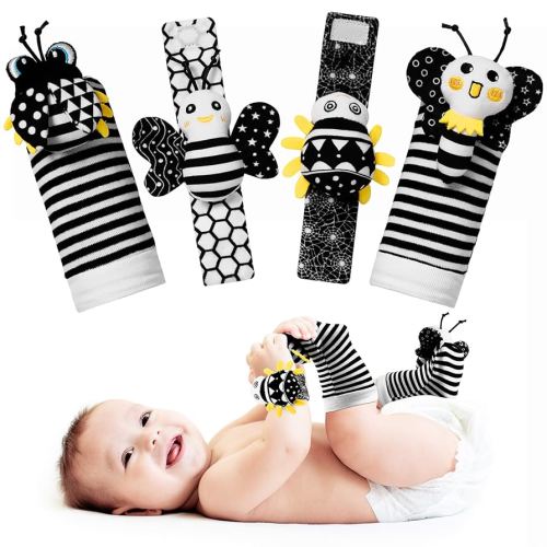 Baby Toys 0-6 Months - High Contrast Baby Toys for Newborn Toys 0-3 Months Brain Development Infant Toys Baby Rattles 6-12 Months Black and White Baby Rattle Socks & Wrist Toys Gifts for Boys Girls