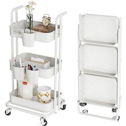 DTK 3 Tier Foldable Rolling Cart, Metal Utility Cart with Lockable Wheels, Folding Storage Trolley, 3 Small Baskets and 6 Hooks for Living Room, Kitchen, Bathroom, Bedroom and Office, White