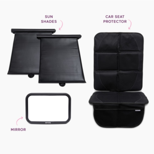 Sprucely Car Essentials Starter Kit (Mirror, Car Seat Protector, Sun Shades) - Black