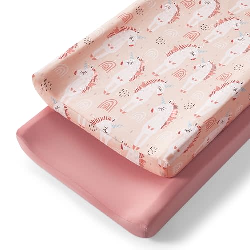 TILLYOU Changing Pad Cover Set in Soft Jersey Material - Fits 32"/34''x16 Contoured Pad for Babies, Unicorn & Meat Powder