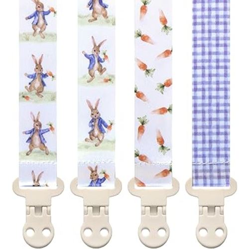 Stadela Baby Pacifier Clip Holder - Boy and Girl Unisex 4 Pack Gift Set – Neutral Vintage Rabbits and Carrots Beige Blue Brown Peter